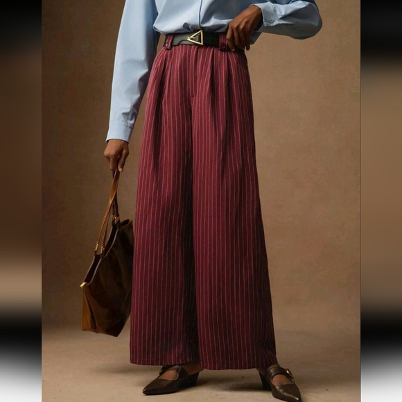 Women's Commuter Minimalist Striped Pleated Wide Leg Loose Pants Fall Clothes - Picture 1 of 4
